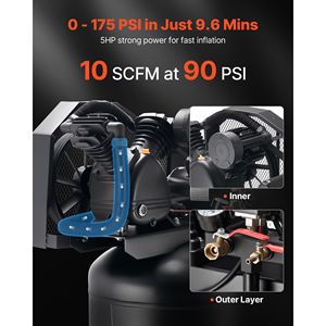 Compressore d'aria per impieghi gravosi da 80 galloni, 5HP, 10 SCFM, pressione massima 175 PSI (12 bar), serbatoio lubrificato ad olio. - Product Image 2
