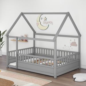 Letto a terra in legno grigio a grandezza naturale con tetto a casetta e sponde di sicurezza per bambini - Product Image 4