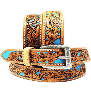 Custom Made 100% Genuine Western Cow Leather Belt 40mm With Floral Embossed Design Top India Wholesaler Manufacturer - Product Image 2