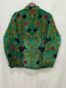Veste en velours vert à col mandarin, broderie florale à la main, motif d'oiseaux, manches longues, fermeture éclair, vêtement d'automne - Product Image 3