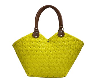 Sac à main en cuir marron de luxe avec sangle géométrique tressée en plastique et sac fait main chic jaune pour femme - Product Image 4