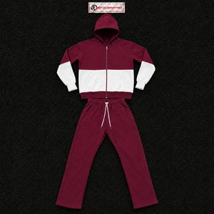 Maroon White Color Block Tracksuit Men <b>Full</b> <b>Zip</b> <b>Hoodie</b> With Matching Jogger Pants Premium Two Piece Sports Outfit Modern Casual - Product Image 5