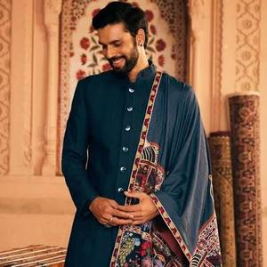 <b>Men's</b> Silk Embroidered Long Sleeve Mid-Calf Length Ethnic Wedding <b>Kurta</b> | Floral Peacock Design | Wrinkle-Free Traditional - Product Image 3