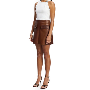 Jupe mini en cuir marron taille haute pour femme avec poches avant, design crayon, style minimaliste, à porter toute l'année - Product Image 5