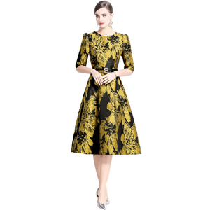 Elegante Vestido Maxi con Estampado de Lámina Dorada, Mangas Abullonadas y Cintura Ajustada, Vestidos Casuales para Mujer - Product Image 1
