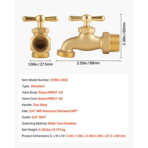 Grifo de latón de alta resistencia para exteriores, conector de 3/4'' MIP x 3/4'' MHT, válvula de jardín metálica de múltiples vueltas - Product Image 5