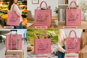Pink Jute Shopping <b>Bag</b> Be Your Own Kind Of Beautiful Floral Design <b>Medium</b> <b>Size</b> Daily Use Tote Handle - Product Image 3