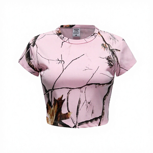 Top Corto con Estampado de Camuflaje Rosa para Mujer, Cuello Redondo, Manga Corta, Corte Ajustado, Informal, Camiseta de Verano, Tejido Elástico de Secado Rápido - Product Image 3