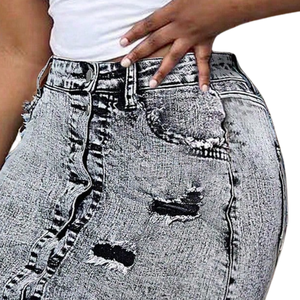 Womens Summer High Waist Acid Wash Distressed <b>Denim</b> Skinny Mini Skirt Button Front <b>Stretch</b> Breathable Quick Dry Casual - Product Image 3