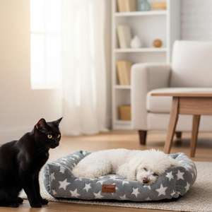 Cama para Perro de Franela Suave con Estrellas o Huesos, Base Antideslizante Gris, Disponible en 3 Tamaños (S/M/L) - Product Image 1