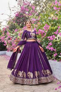 Conjunto de Lehenga de Seda Morada Bordada con Motivo de Elefante, Blusa y Dupatta Cosidos, Traje Tradicional Indio para Boda - Product Image 5