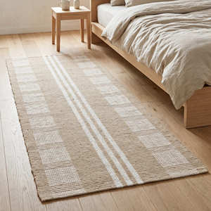Neutral Border Handloom Cotton <b>Bedside</b> Runner <b>Rug</b> for Bedroom Reading Nook & Minimalist Interiors - Product Image 6