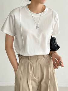 Solid Seam Detail <b>Tee</b> Old Money Style Business Women's Shirts Casual Short Sleeve <b>White</b> T-Shirt O-Neck Cotton Blouse Tops OEM - Product Image 5