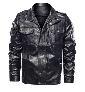 Veste en cuir véritable pour homme, marron, style motard, fermeture éclair, col rabattu, vêtement d'automne - Product Image 4