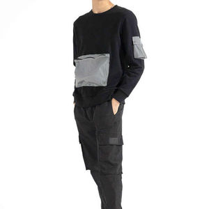 <b>Men</b> Black Crew Neck Long Sleeve Sweatshirt With Gray Patchwork Panel And Pocket Design All Seasons 100% Cotton Knitted Apparel - Product Image 6
