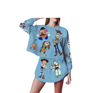 Ensemble sweat-shirt et jupe-short à sequins personnalisés sur le thème d'Halloween pour femme, manches longues, col rond, coupe ample, patch de personnage, bleu, tenue décontractée - Product Image 3