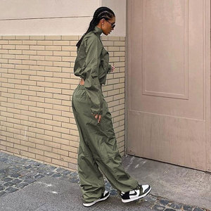 Women's Olive Green Safari <b>Jacket</b> Set Oversized Long Sleeve Stand Collar Elastic Waist Pants With Pockets All Seasons Breathable - Product Image 3