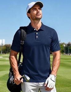 Men's Navy Blue Short Sleeve Knitted Polo Shirt Classic <b>3</b> Button Collar Solid Color Casual Breathable Design - Product Image 1