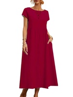 Frauen Vintage Solid Kleid Sommer Elegant O-Ausschnitt Kurzarm Baumwolle Leinen Kleider Weiblich Lässig Lose Sommerkleid Langes Kleid