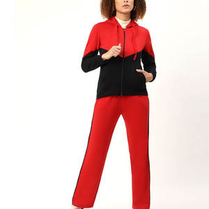 Women Red <b>Black</b> Color Blocking Hooded Tracksuit Full Sleeve Zipper Casual <b>Pants</b> Set Breathable 100% Polyester Premium Quality - Product Image 1