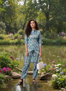 Ensemble coordonné de luxe à imprimé floral pour femme, kurta et pantalon asymétriques ethniques contemporains, avec foulard assorti, idéal pour les soirées, en polyester - Product Image 2