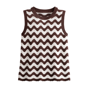 Women Chevron <b>Stripe</b> Knit Tank <b>Top</b> Sleeveless Textured Summer Pullover Casual Loose Fit Breathable Fashion Sweater <b>Vest</b> - Product Image 1