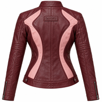 Blouson en cuir pour femme, bordeaux et rose contrastant, avec panneaux latéraux, col montant, fermeture éclair, coupe ajustée, style motard