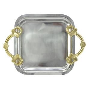Pewter Antique <b>Tray</b> With <b>Gold</b> Horse Bit Handle Decorative <b>Serving</b> <b>Trays</b> For Wedding Events - Product Image 1