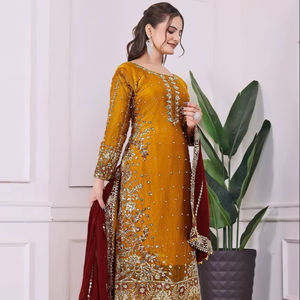 Ensemble haut et pantalon palazzo avec dupatta, broderie et travail de sequins raffinés, design fantaisie spécial Aïd - Product Image 1