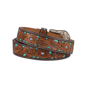 Cinturón de Cuero Marrón de Lujo Hecho a Mano con Diseño Floral Turquesa y Hebilla Plateada Grabada, Estilo Occidental - Product Image 2