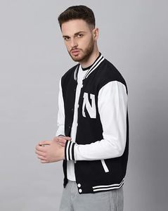 <b>Men's</b> Black White Varsity <b>Jacket</b> <b>Letter</b> N Print Preppy Style Regular Fit Polyester Material Autumn Wear - Product Image 3