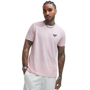 <b>Mens</b> Light <b>Pink</b> Slim Fit Crew Neck T <b>Shirt</b> With Contrast Rib Collar And Sleeve Trim Casual Short Sleeve Jersey Streetwear top - Product Image 1