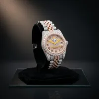 Montre mécanique à cadran rond avec bracelet en cristal, ton or, style bijou de mode