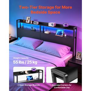 Testiera letto King Size con 2 ripiani portaoggetti, luci LED, 3 prese e 3 porte USB, robusta struttura in acciaio al carbonio - Product Image 5