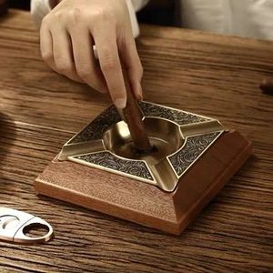 Square Brass Wooden <b>Ashtray</b> <b>Vintage</b> Design Desktop Cigar Holder Home Decor - Product Image 1