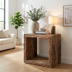 <b>Rustic</b> Reclaimed Wood Open Cube Side <b>Table</b> Weathered <b>Wooden</b> Block End <b>Table</b> Natural Timber Bedside Nightstand Accent Furniture - Product Image 4