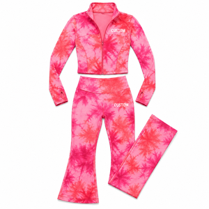 Custom Women Tie Dye Yoga Set Full Zip Long <b>Sleeve</b> <b>Crop</b> <b>Top</b> Stand Collar Jacket High Waist Flare Leggings Winter Activewear Suit - Product Image 3