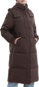 Veste matelassée longue à capuche pour femme, marron uni, manches longues, fermeture éclair, manteau d'hiver chaud avec capuche amovible, fibre de polyester F - Product Image 5