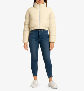 Chaqueta Acolchada Corta Beige para Mujer, Diseño Personalizado OEM, para Otoño e Invierno, con Dobladillo Elástico, Ropa Casual para Exteriores - Product Image 4