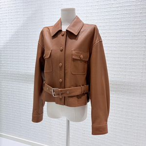 <b>Women's</b> PU Leather Motorcycle <b>Jacket</b> Turn-down Collar Full Sleeve Regular Length <b>Utility</b> Style Autumn Wear Knitted Waterproof - Product Image 1