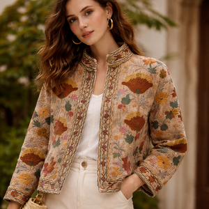 Custom Logo Ladies Suzani Reversible Embroidered Hand Woven Cotton Eco-Friendly Floral Pattern <b>Mandarin</b> <b>Collar</b> Single <b>Jacket</b> - Product Image 1