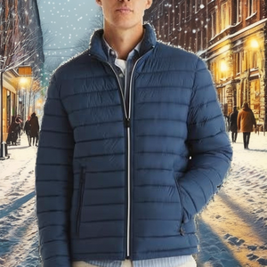 WARPRO INDUSTRY Men's Blue Collarless Puffer <b>Jacket</b> Waterproof Windproof Winter Casual Thick Polyester 300g Regular Fit - Product Image 6