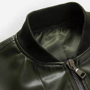 Blouson bomber en cuir PU vert olive pour homme, col montant, fermeture éclair, coupe ajustée, longueur standard, couleur unie, style moto - Product Image 5