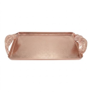 Textured <b>Gold</b> Aluminum <b>Serving</b> <b>Tray</b> With Creative Branch Flower Handle Elegant Metal Decorative Platter Centerpiece For Coffee - Product Image 3