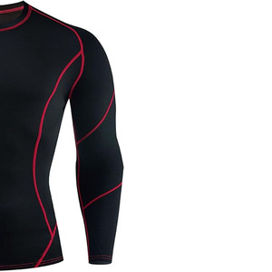<b>Men's</b> Long Sleeve <b>Black</b> Compression <b>Shirt</b> Red Trim Quick Dry <b>Slim</b> <b>Fit</b> O-Neck Casual Breathable Eco-Friendly Knitted Spandex - Product Image 4