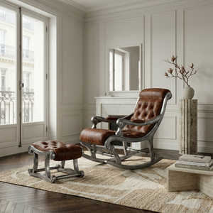 Sedia a <span class=keywords><strong>dondolo</strong></span> classica francese in legno massello trapuntata con poggiapiedi per lounge di hotel boutique, seduta d'accento personalizzata FF&E OEM ODM - Product Image 6