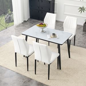 Tavolo da Pranzo Moderno Bianco con Effetto Marmo, Piano in Vetro, Base Inferiore in MDF Nero e Gambe in Metallo Nero, Set Tavolo e Sedie - Product Image 1