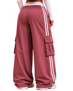 Pantalon cargo en molleton imperméable écoresponsable rose poudré taille mi-haute coupe droite pour femme avec cordon de serrage, style sportif décontracté et coupe ample - Product Image 2
