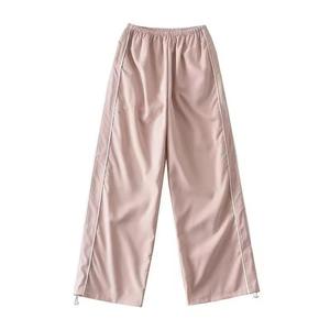Pantalones Cargo de Satén Beige, Cintura Media, Cierre con Cordón, Corte Regular, Largo hasta el Tobillo, Color Sólido, Estilo Utilitario, Frente Plisado, Transpirables - Product Image 2