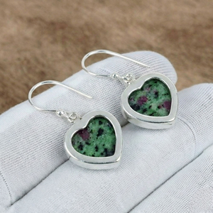 Handmade Ruby Ziosite Heart <b>Earrings</b> <b>Solid</b> 925 Sterling <b>Silver</b> Natural Gemstone <b>Earrings</b> Boho Women Drop <b>Earrings</b> - Product Image 3